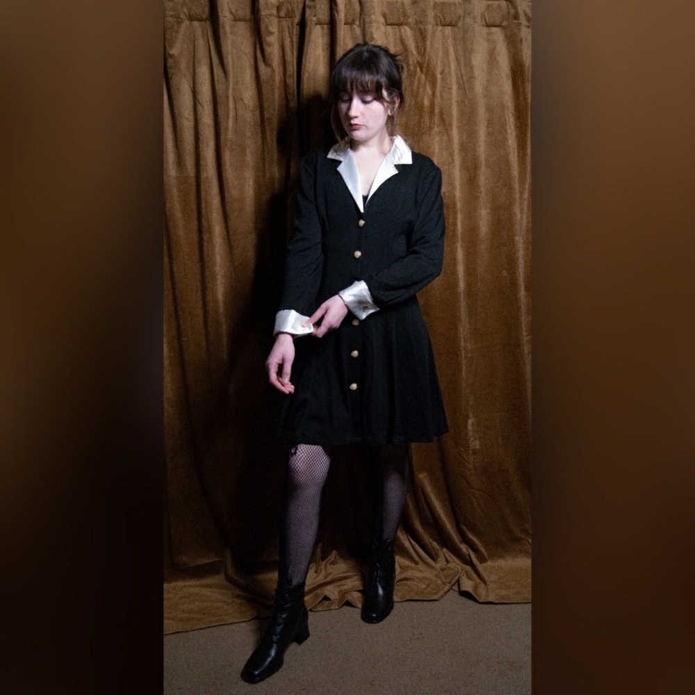 Black Dress With Satin Accents and Gold and Pearl Buttons